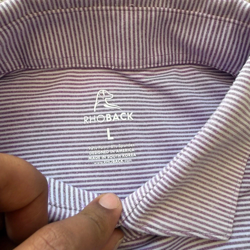 Rhoback Polo Shirt Mens Large Purple Striped Performance Golf Short Sleeve